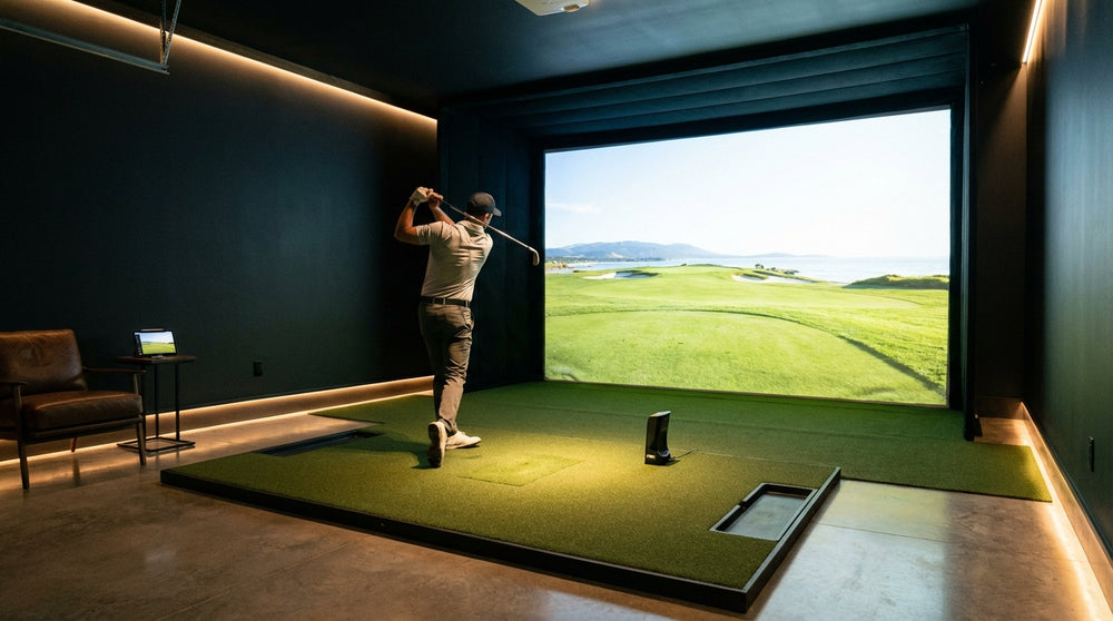 Golf simulator room with impact screen and projector in a home setup