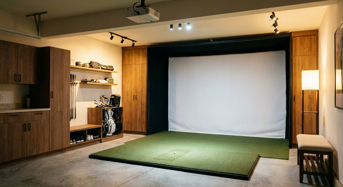 Compact golf simulator setup in a small home garage