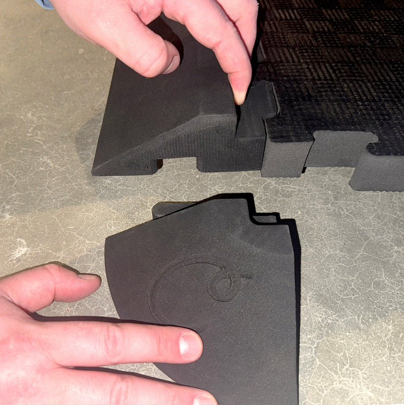 Fitting corner trim onto a ramped edge piece