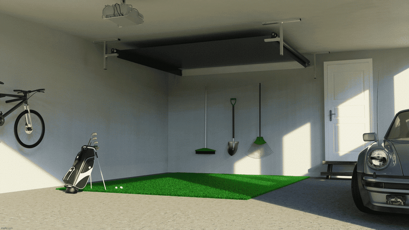 SportScreen Vanish garage ceiling mount — deploys and disappears (animation)