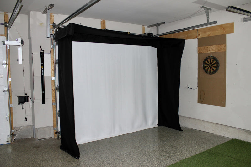 SportScreen Vanish LITE mounted around garage rails — fixed front, retractable sides