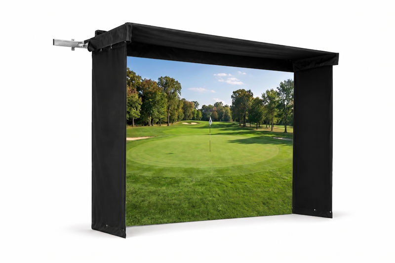 SportScreen Vanish LITE golf simulator enclosure — golf course projected on screen