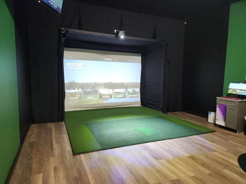 SportScreen Parlour freestanding golf simulator studio enclosure — commercial setting