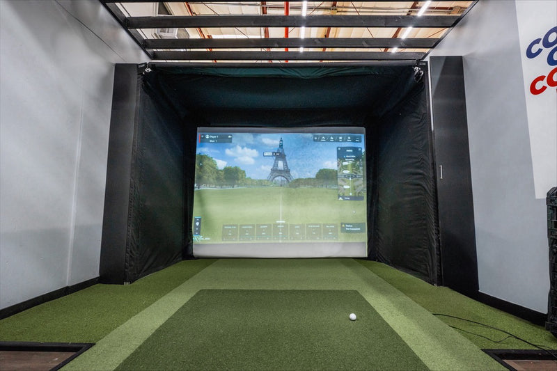SportScreen Parlour freestanding golf simulator studio enclosure — course displayed