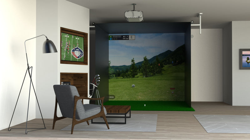 SportScreen Vanish Series retractable golf simulator enclosure — living room setup