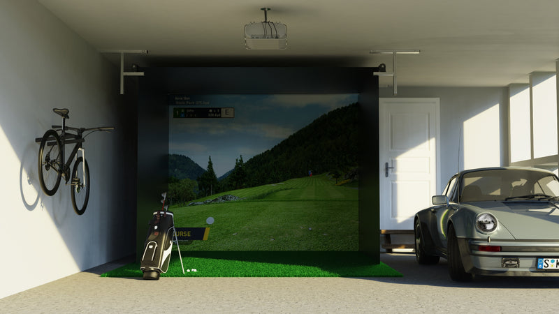 SportScreen Vanish Series retractable golf simulator enclosure — garage setup